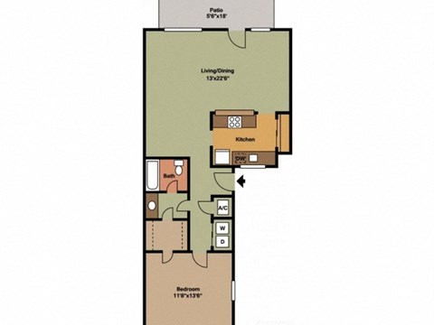 A floor plan of a small apartment with a living room, kitchen, and bathroom.